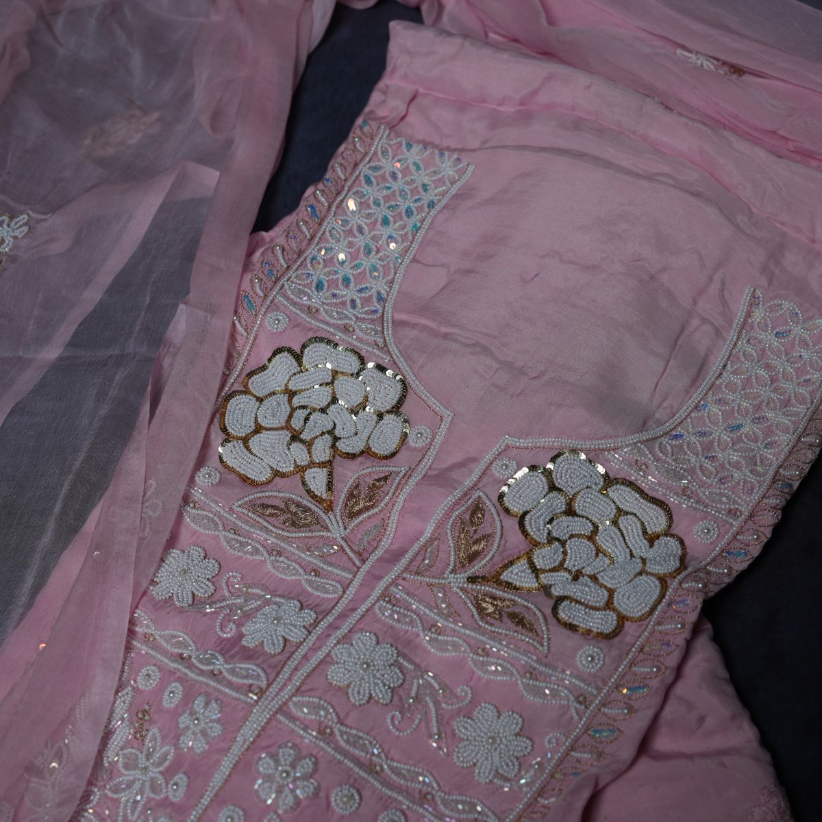 Rajvani Premium Lucknowi Chikankari Handwork 3-Piece Unstitched Suit Set with Dupatta – Blush Pink
