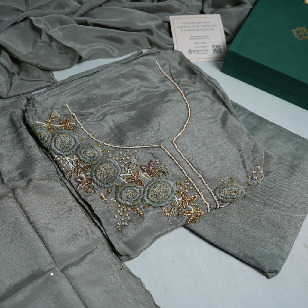 Rajvani Premium Chinon Embroidered 3-Piece Unstitched Suit Set with Chinon Dupatta – Smoke Grey