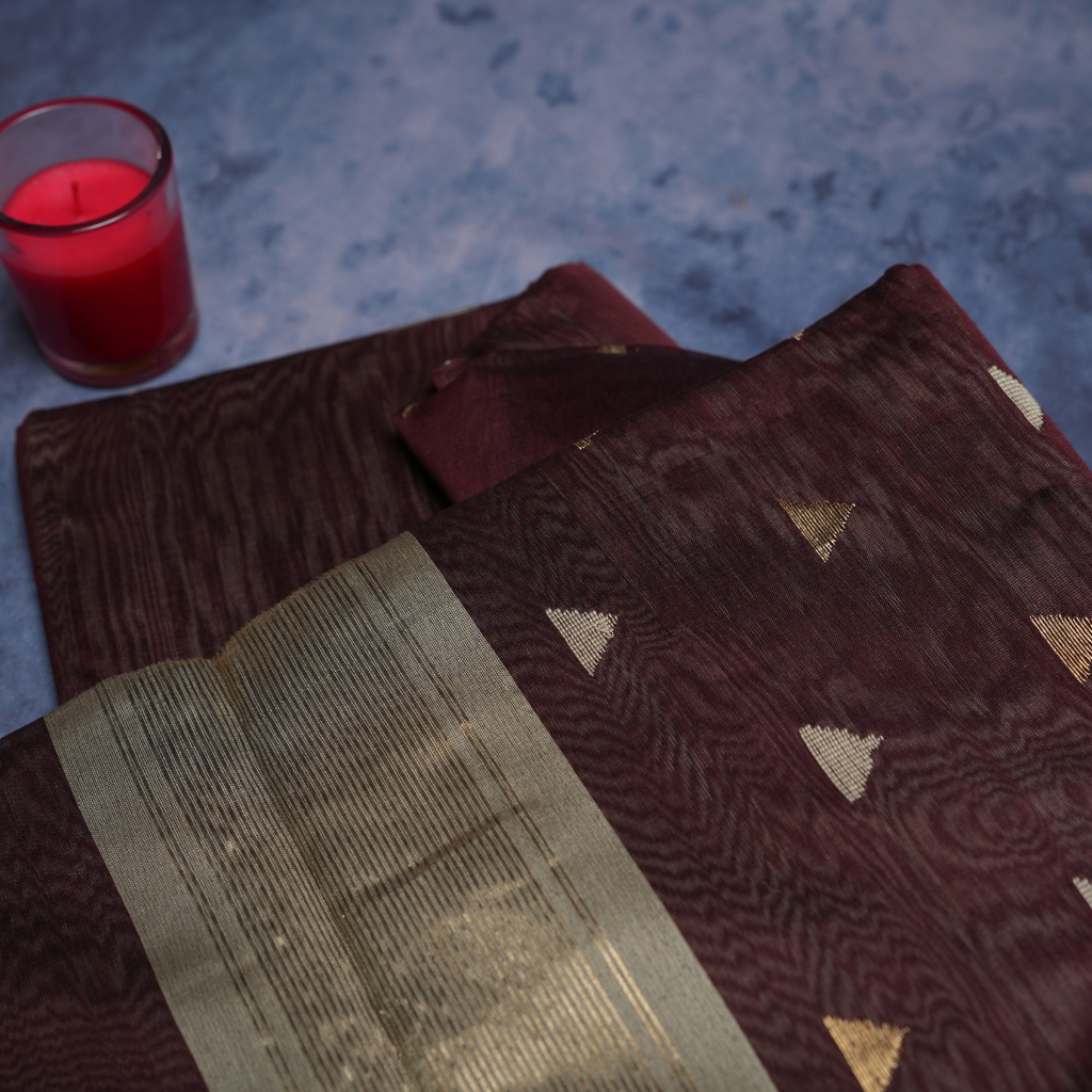 Rajvani Pure Maheshwari Handloom Saree with Running Blouse | Wine Maroon | Handwoven Zari Border
