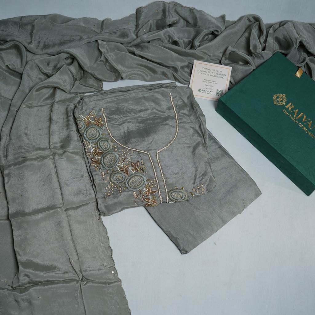 Rajvani Premium Chinon Embroidered 3-Piece Unstitched Suit Set with Chinon Dupatta – Smoke Grey