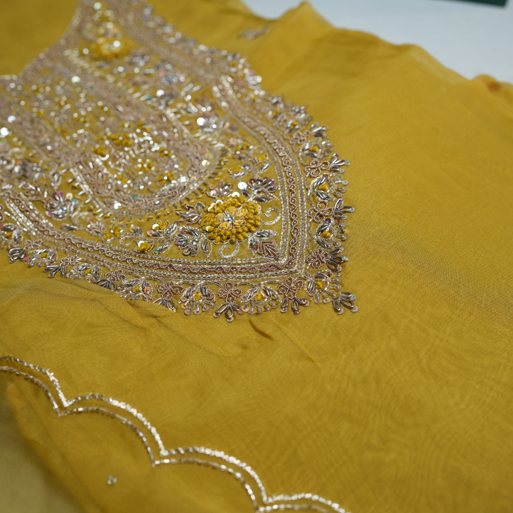 Rajvani Premium V-Organza Embroidered 3-Piece Unstitched Suit Set with V-Organza Dupatta – Mustard Yellow