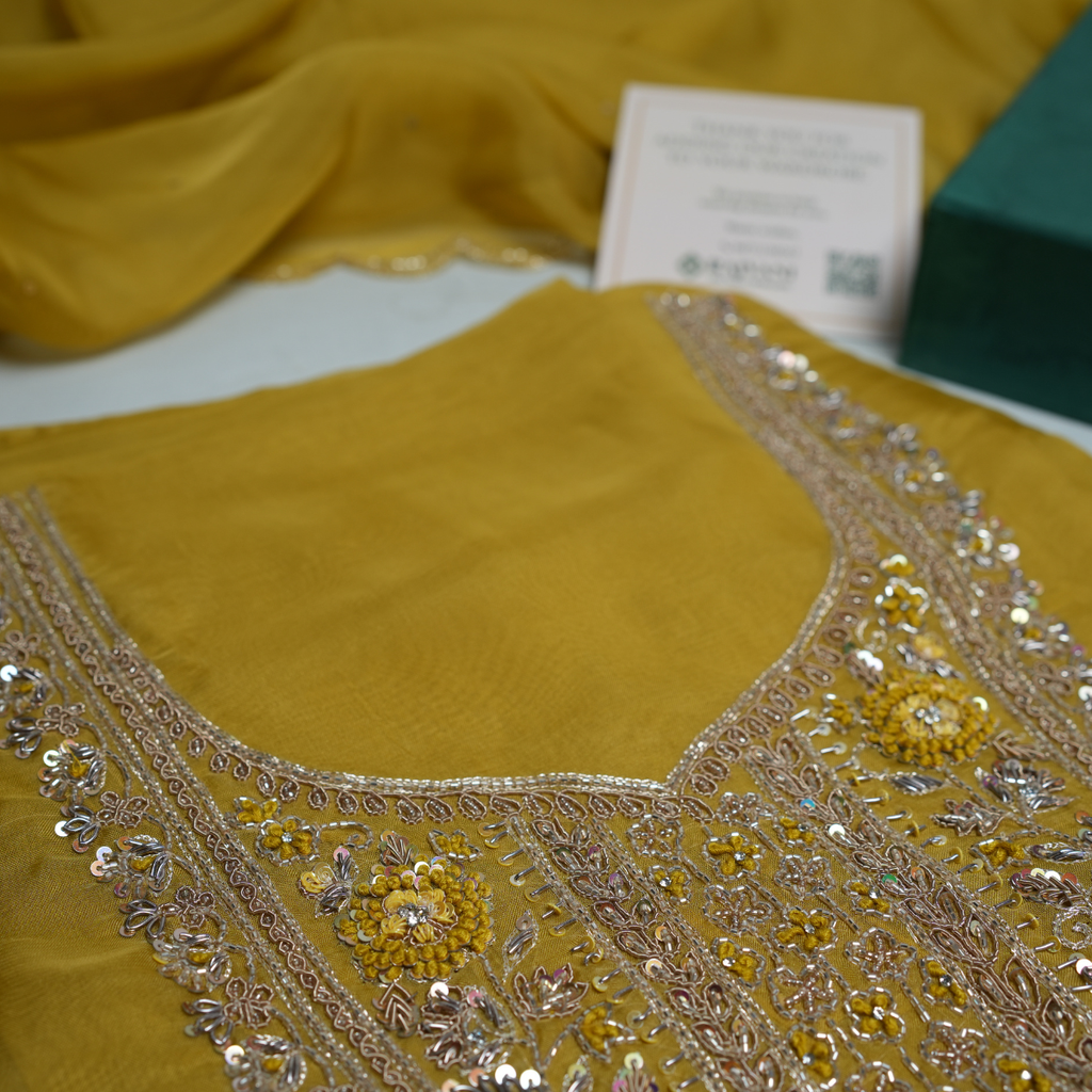 Rajvani Premium V-Organza Embroidered 3-Piece Unstitched Suit Set with V-Organza Dupatta – Mustard Yellow