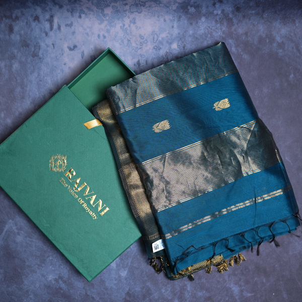 Rajvani Pure Maheshwari Handloom Saree with Running Blouse | Peacock Blue | Gold Zari Border