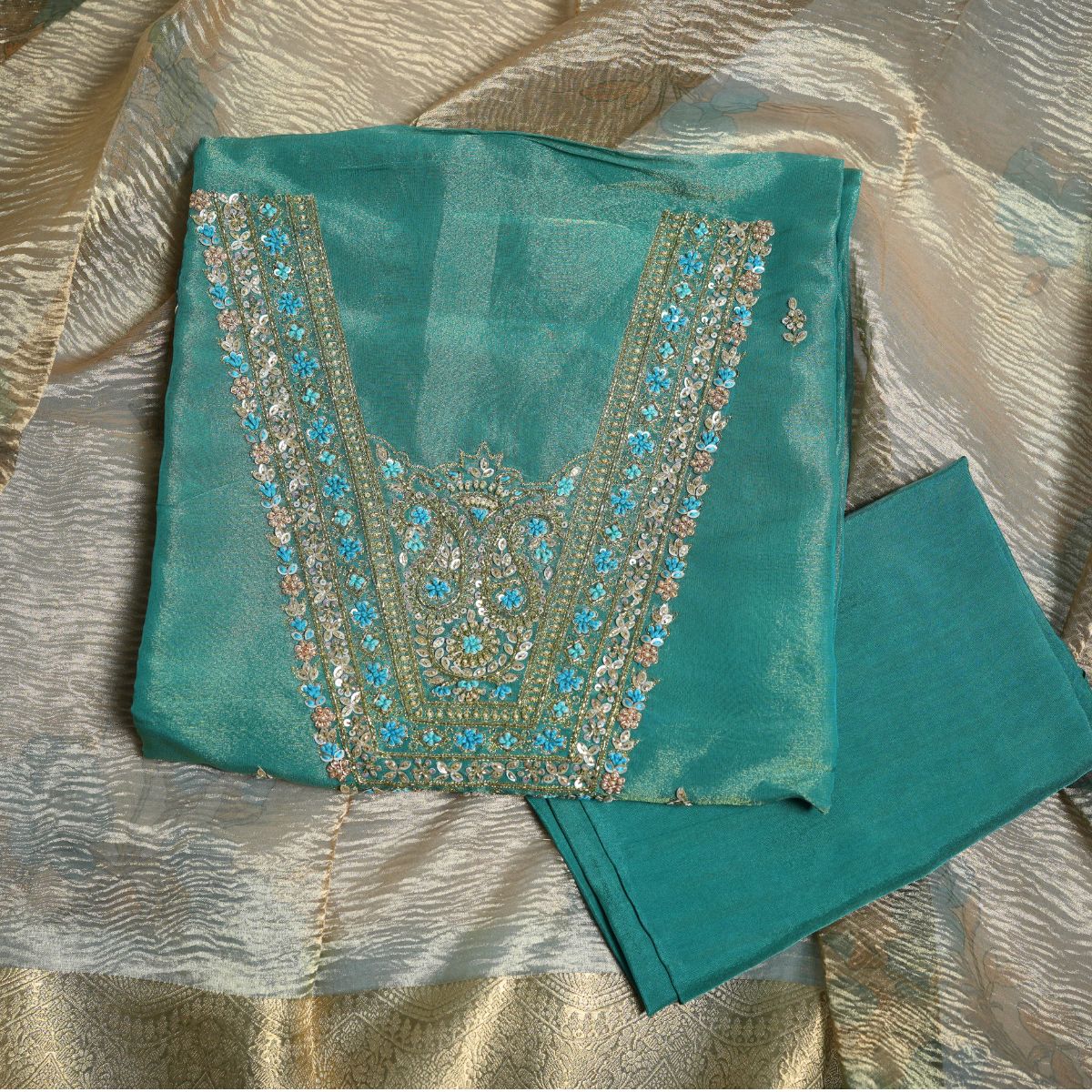 Rajvani Premium Tissue Embroidered 3-Piece Unstitched Suit Set with Tissue Dupatta – Teal Blue