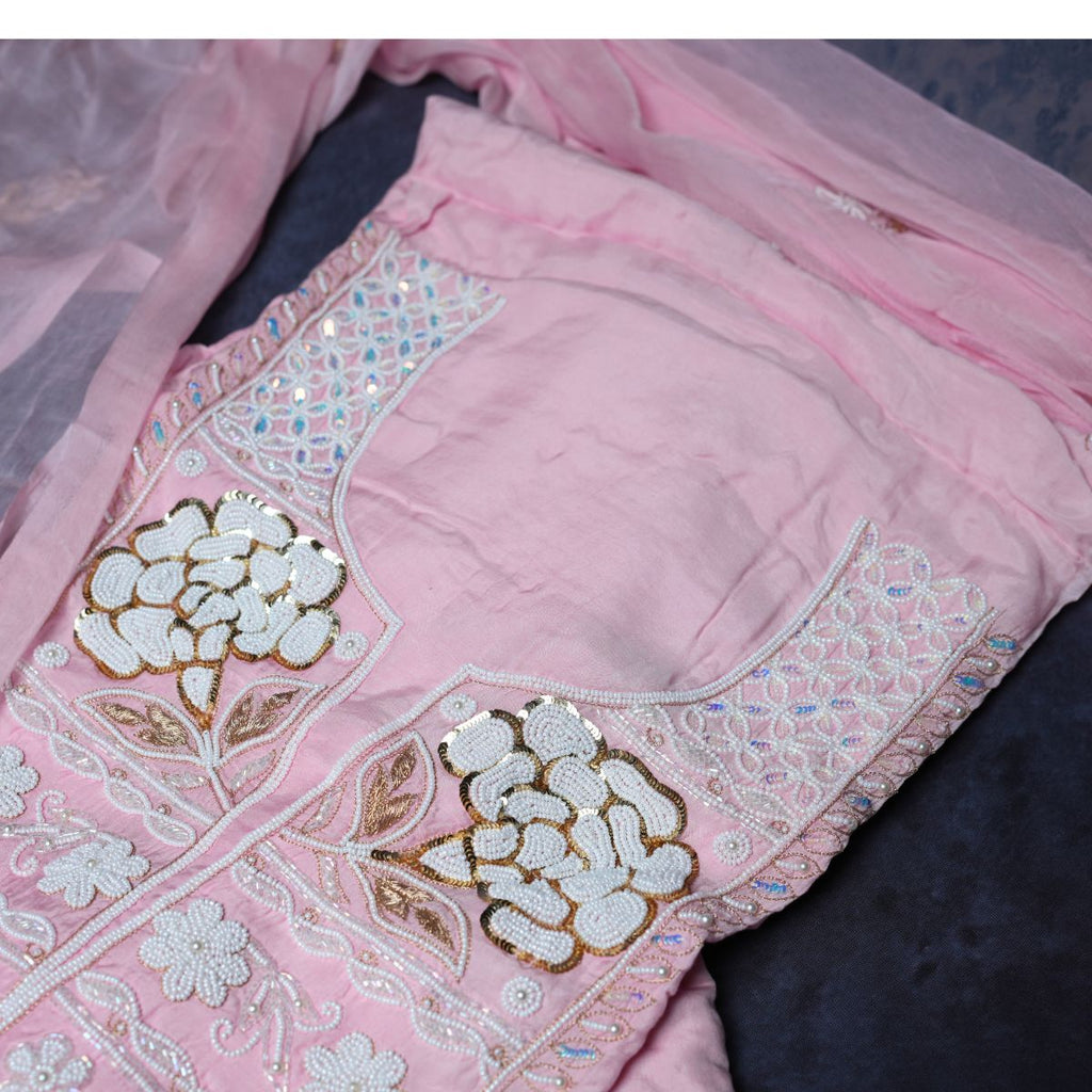 Rajvani Premium Lucknowi Chikankari Handwork 3-Piece Unstitched Suit Set with Dupatta – Blush Pink