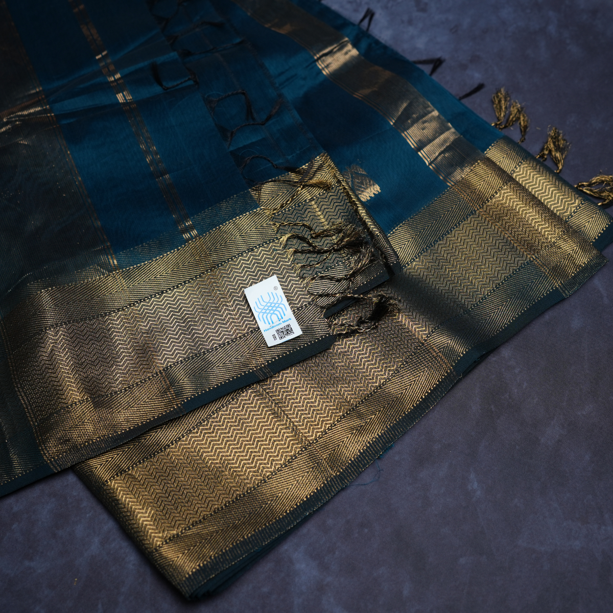 Rajvani Pure Maheshwari Handloom Saree with Running Blouse | Peacock Blue | Gold Zari Border