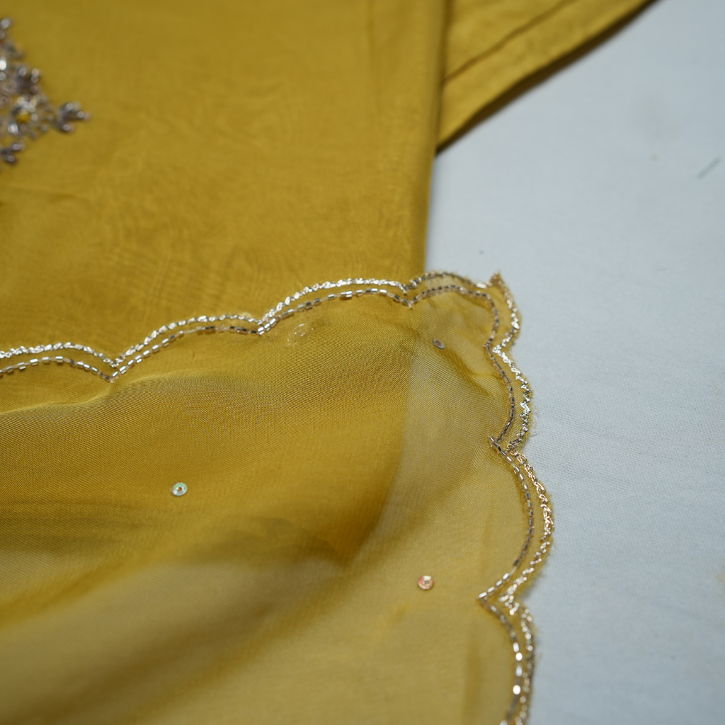 Rajvani Premium V-Organza Embroidered 3-Piece Unstitched Suit Set with V-Organza Dupatta – Mustard Yellow