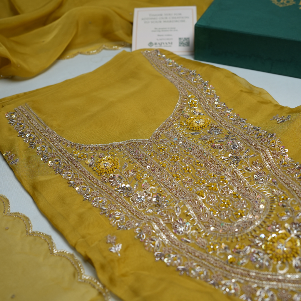 Rajvani Premium V-Organza Embroidered 3-Piece Unstitched Suit Set with V-Organza Dupatta – Mustard Yellow