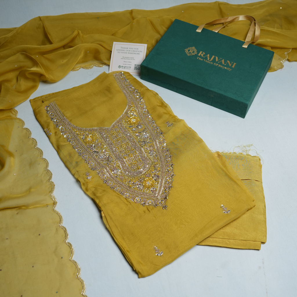 Rajvani Premium V-Organza Embroidered 3-Piece Unstitched Suit Set with V-Organza Dupatta – Mustard Yellow