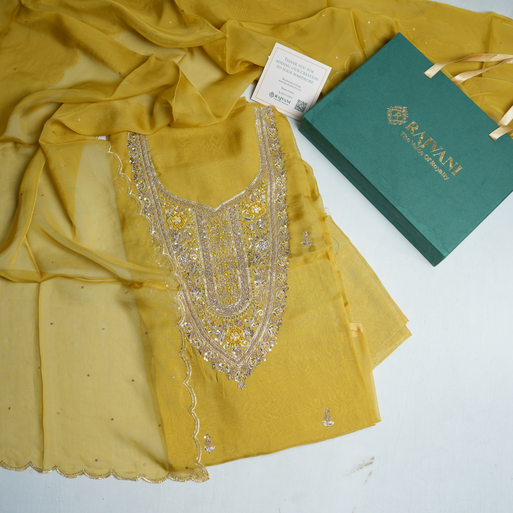 Rajvani Premium V-Organza Embroidered 3-Piece Unstitched Suit Set with V-Organza Dupatta – Mustard Yellow