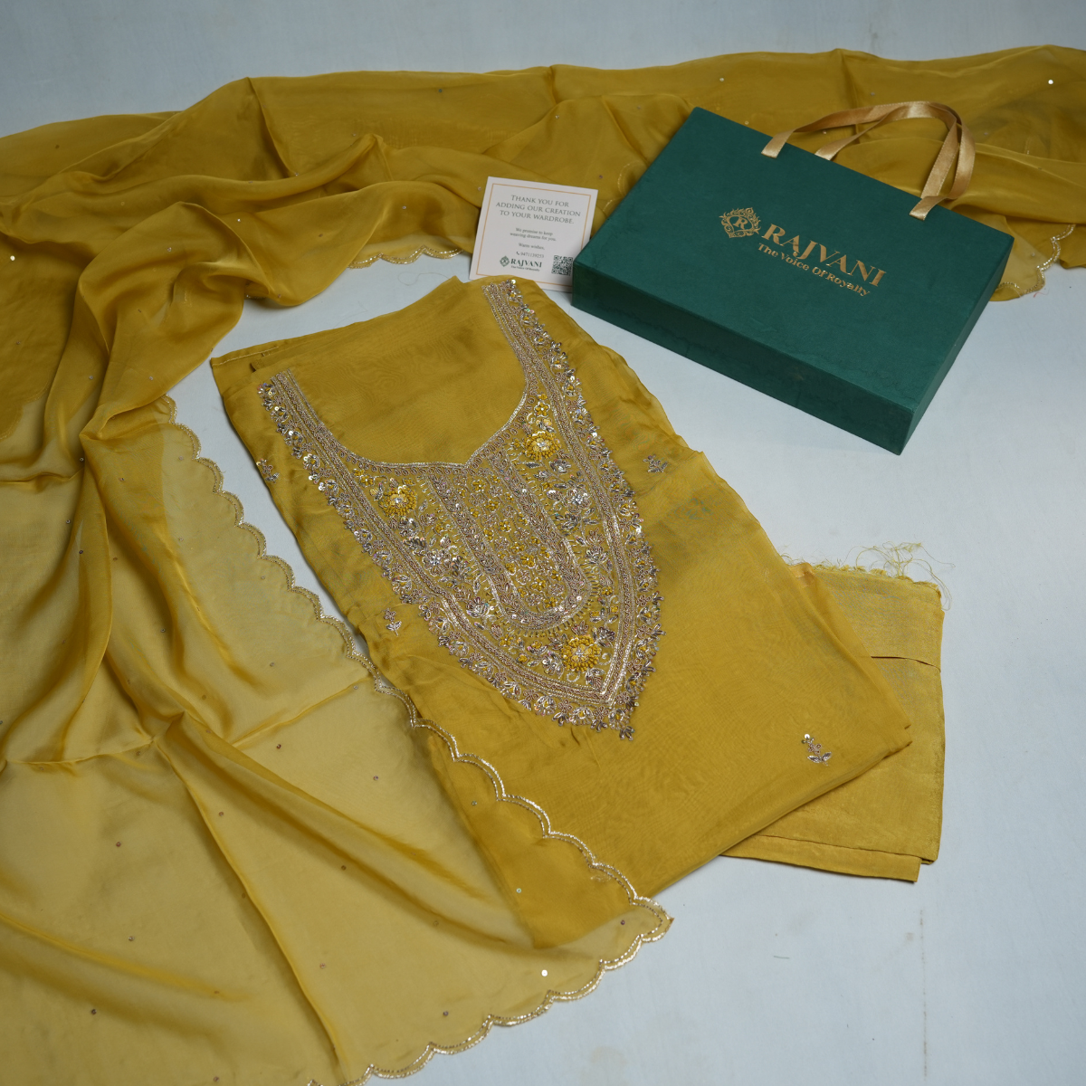 Rajvani Premium V-Organza Embroidered 3-Piece Unstitched Suit Set with V-Organza Dupatta – Mustard Yellow