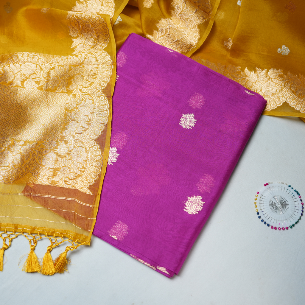 Rajvani Premium Banarasi Handwoven Kora Silk 2-Piece Suit Set with Kadhwa Weave Dupatta – Royal Magenta