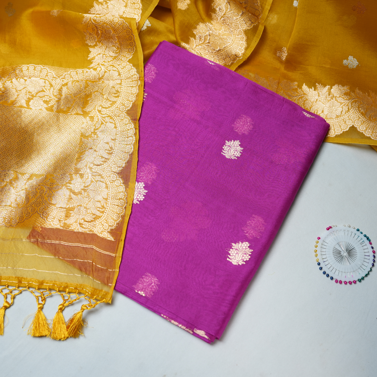 Rajvani Premium Banarasi Handwoven Kora Silk 2-Piece Suit Set with Kadhwa Weave Dupatta – Royal Magenta