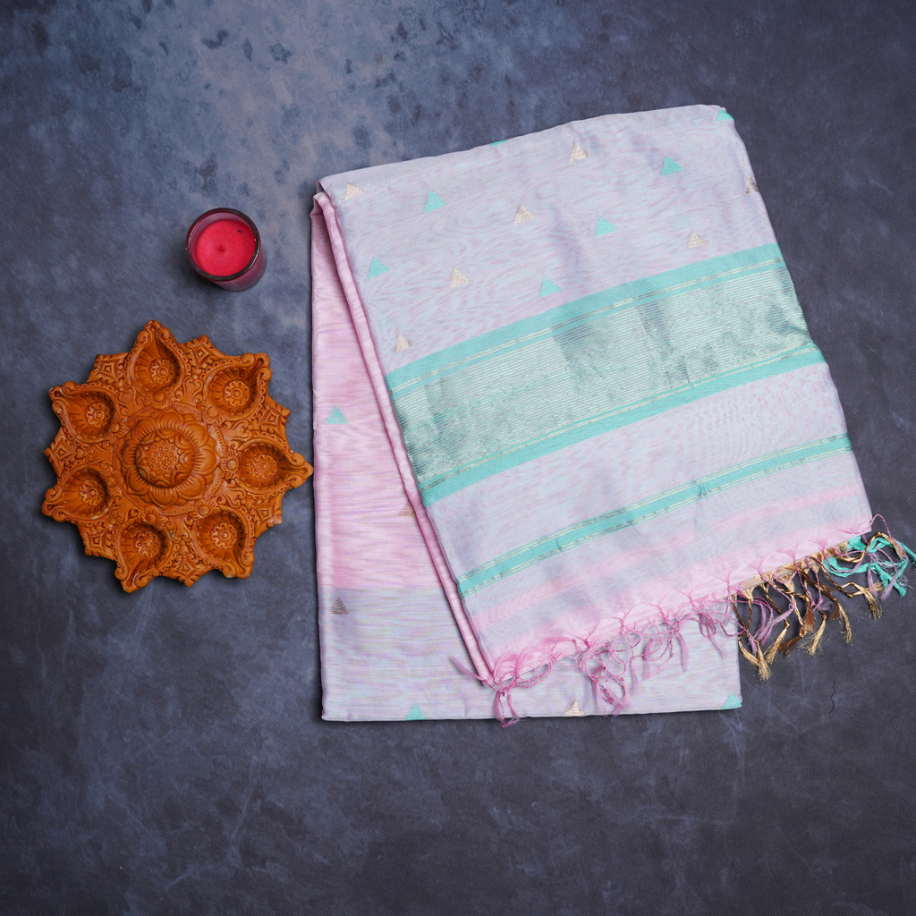 Rajvani Pure Maheshwari Handloom Saree with Running Blouse | Pearl White with Mint Green Border
