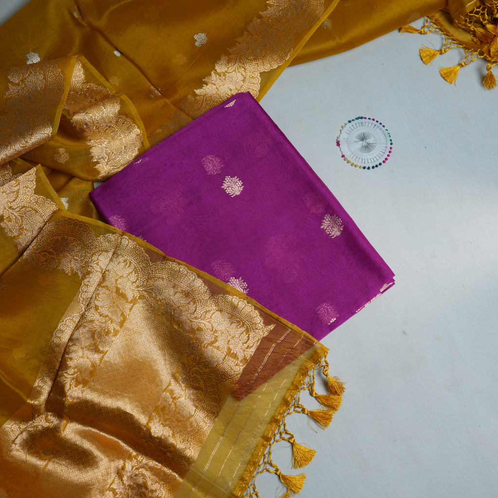 Rajvani Premium Banarasi Handwoven Kora Silk 2-Piece Suit Set with Kadhwa Weave Dupatta – Royal Magenta