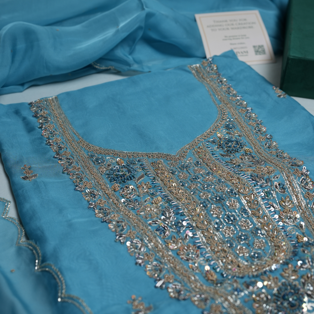 Rajvani Premium V-Organza Embroidered 3-Piece Suit Set with Designer Dupatta – Sky Blue
