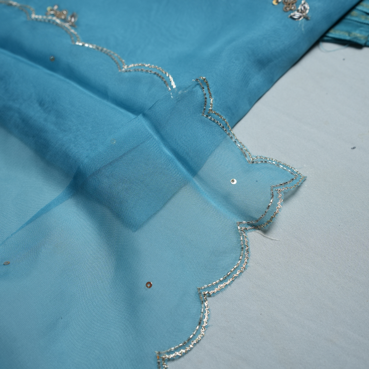 Rajvani Premium V-Organza Embroidered 3-Piece Suit Set with Designer Dupatta – Sky Blue