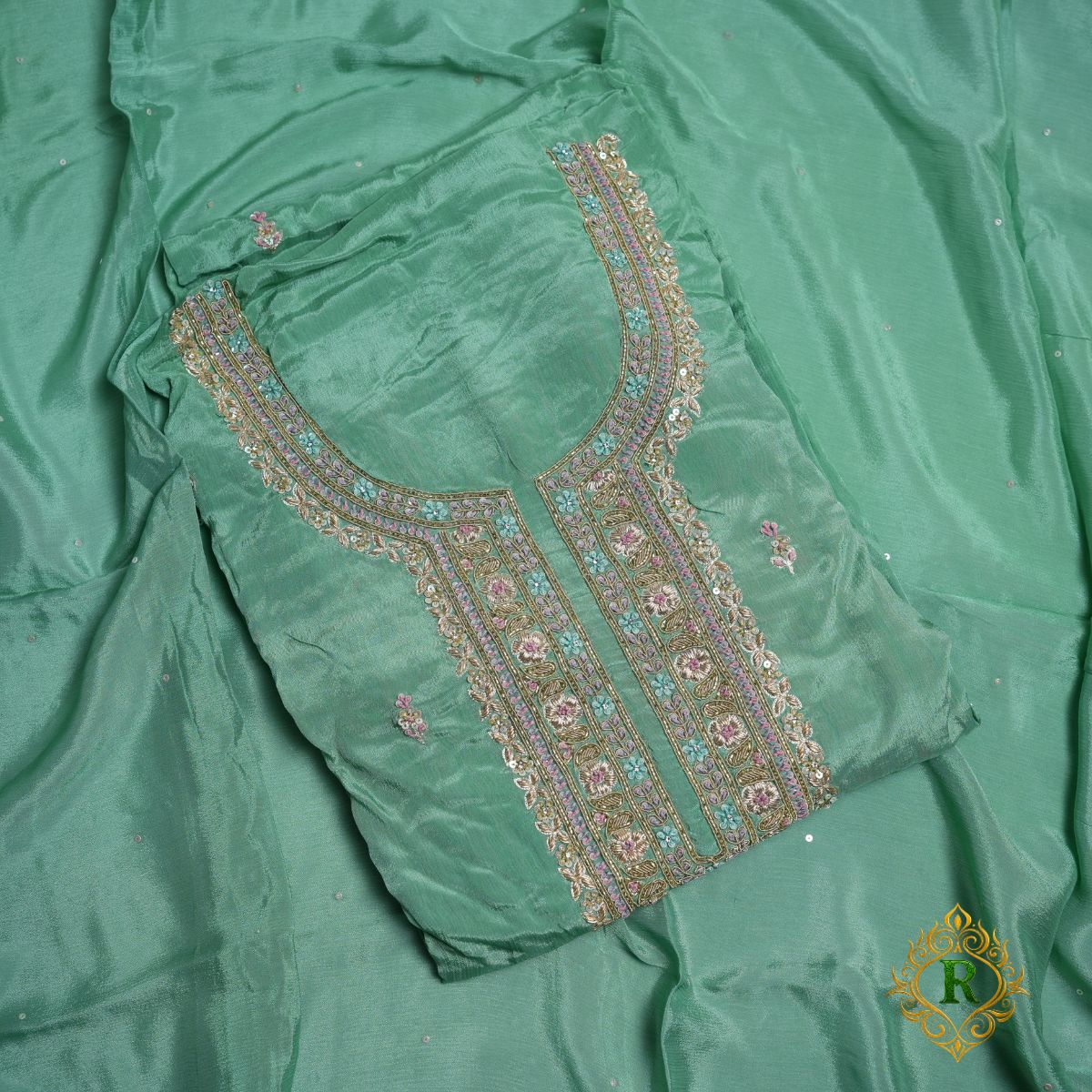 Rajvani Premium Chinon Embroidered 3-Piece Unstitched Suit Set with Chinon Dupatta – Sea Green