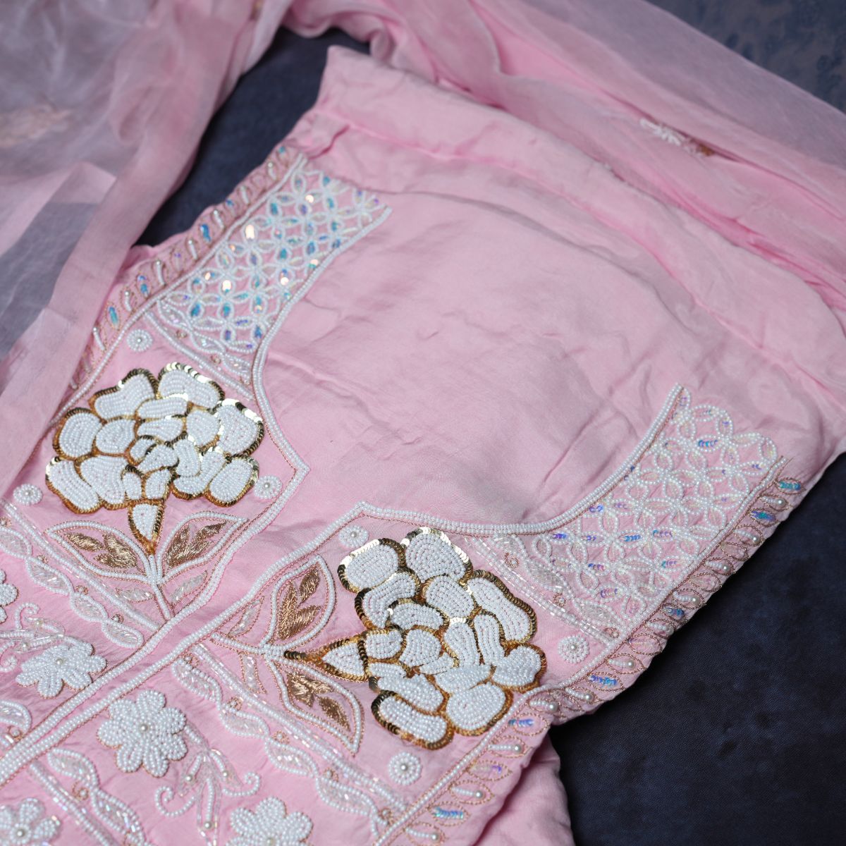 Rajvani Premium Lucknowi Chikankari Handwork 3-Piece Unstitched Suit Set with Dupatta – Blush Pink
