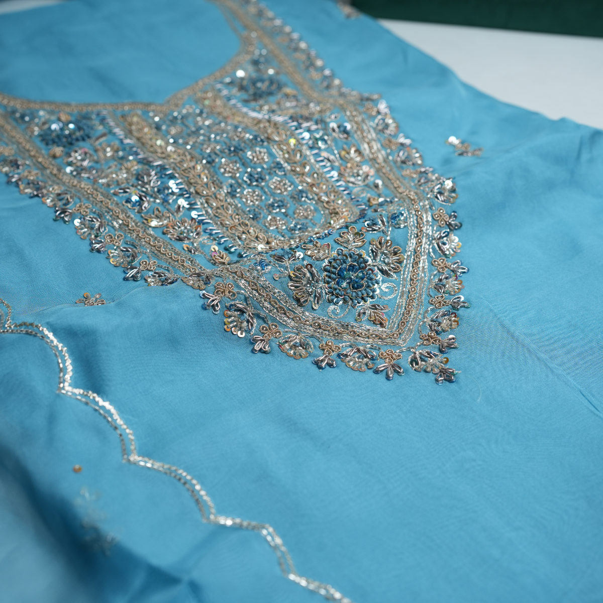 Rajvani Premium V-Organza Embroidered 3-Piece Suit Set with Designer Dupatta – Sky Blue