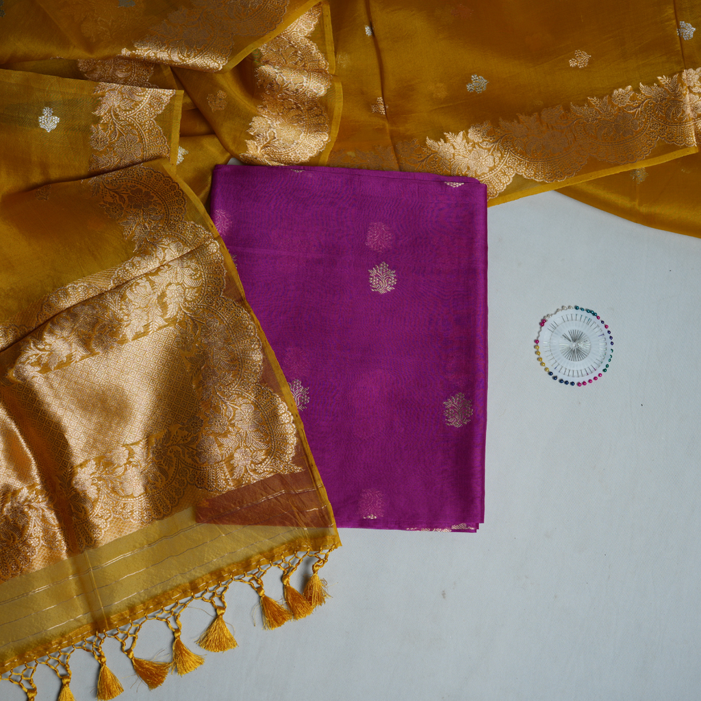 Rajvani Premium Banarasi Handwoven Kora Silk 2-Piece Suit Set with Kadhwa Weave Dupatta – Royal Magenta