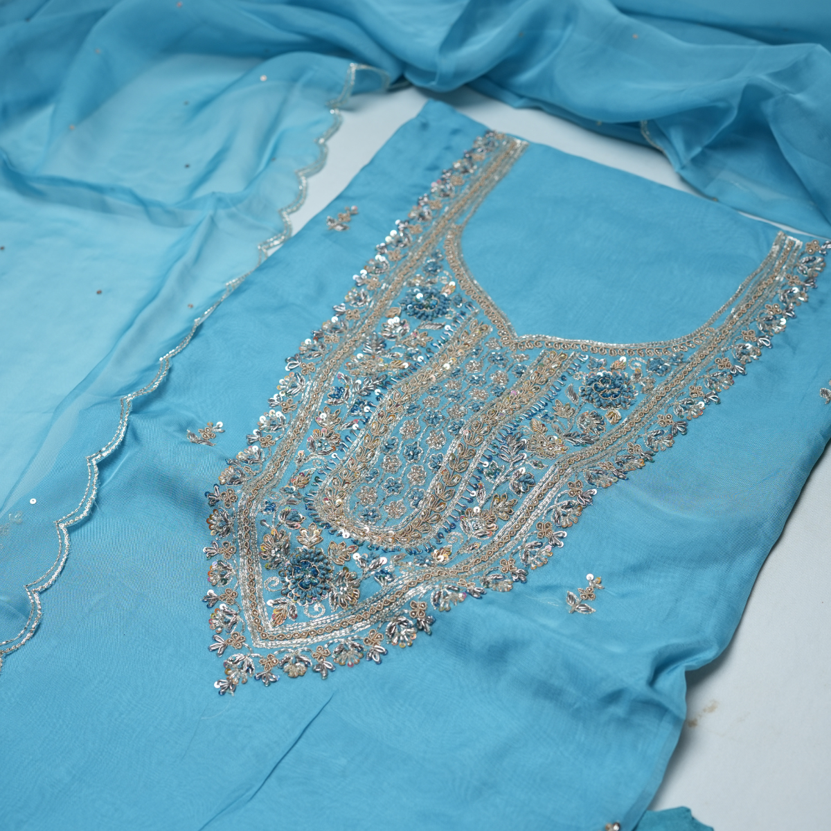Rajvani Premium V-Organza Embroidered 3-Piece Suit Set with Designer Dupatta – Sky Blue