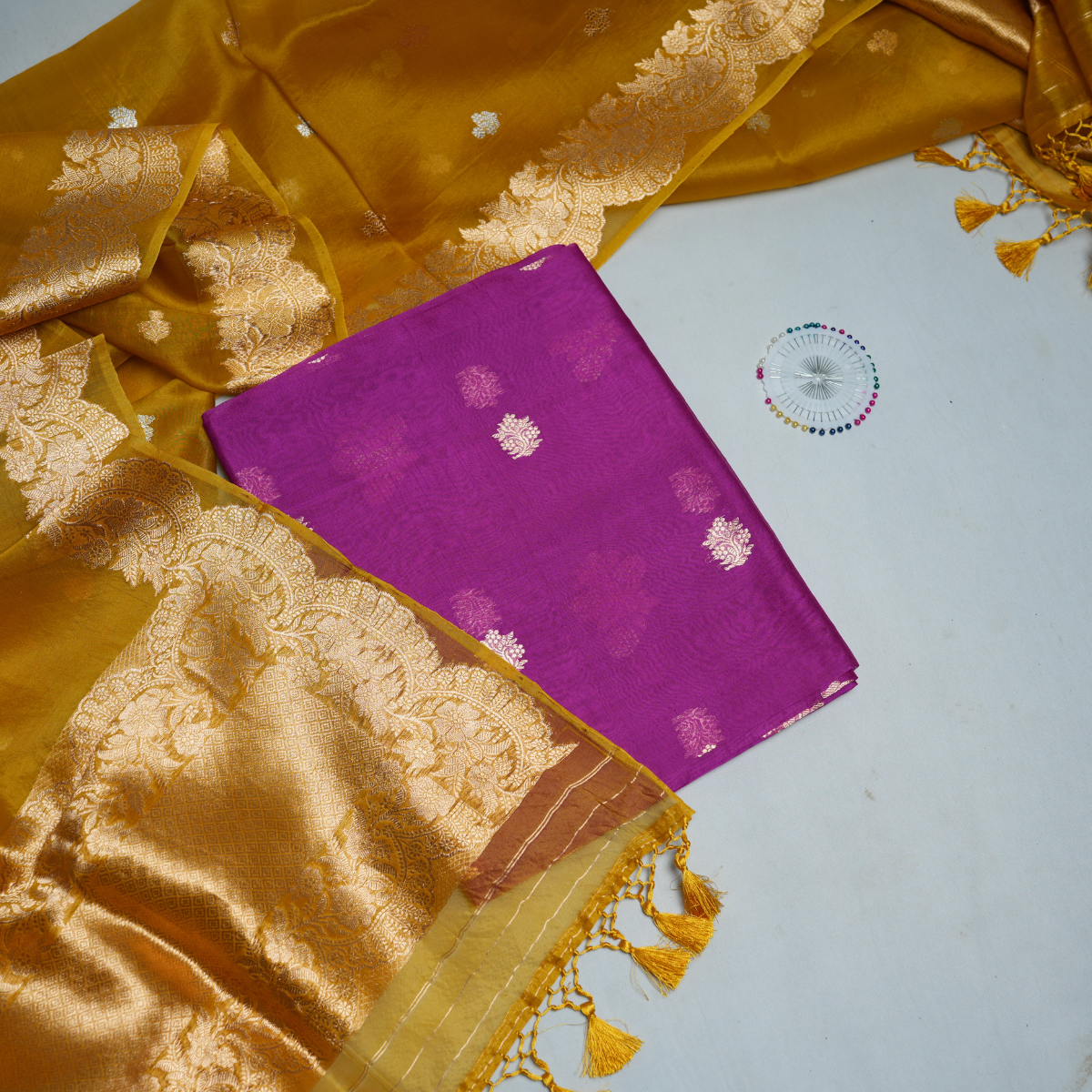 Rajvani Premium Banarasi Handwoven Kora Silk 2-Piece Suit Set with Kadhwa Weave Dupatta – Royal Magenta