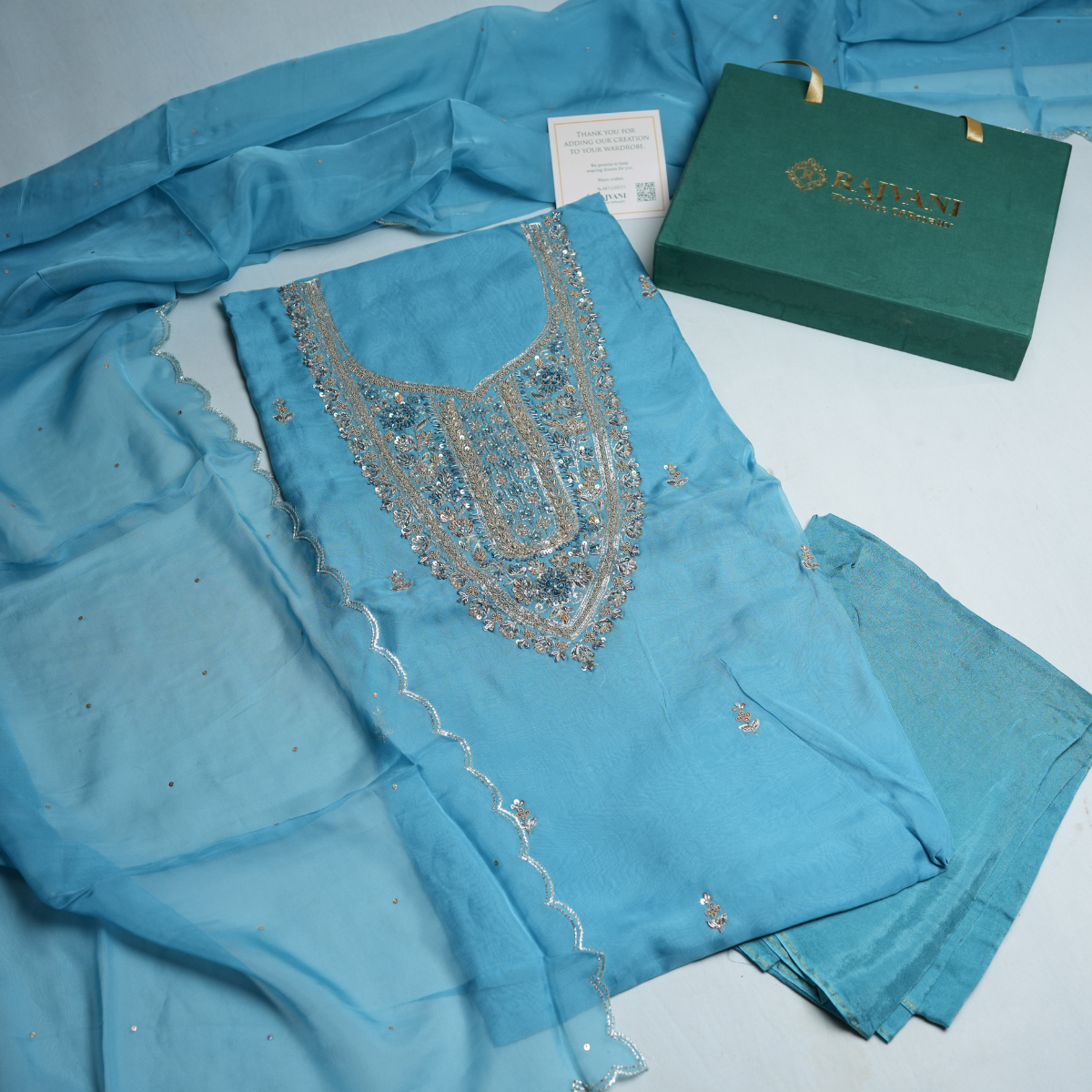 Rajvani Premium V-Organza Embroidered 3-Piece Suit Set with Designer Dupatta – Sky Blue