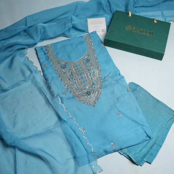 Rajvani Premium V-Organza Embroidered 3-Piece Suit Set with Designer Dupatta – Sky Blue