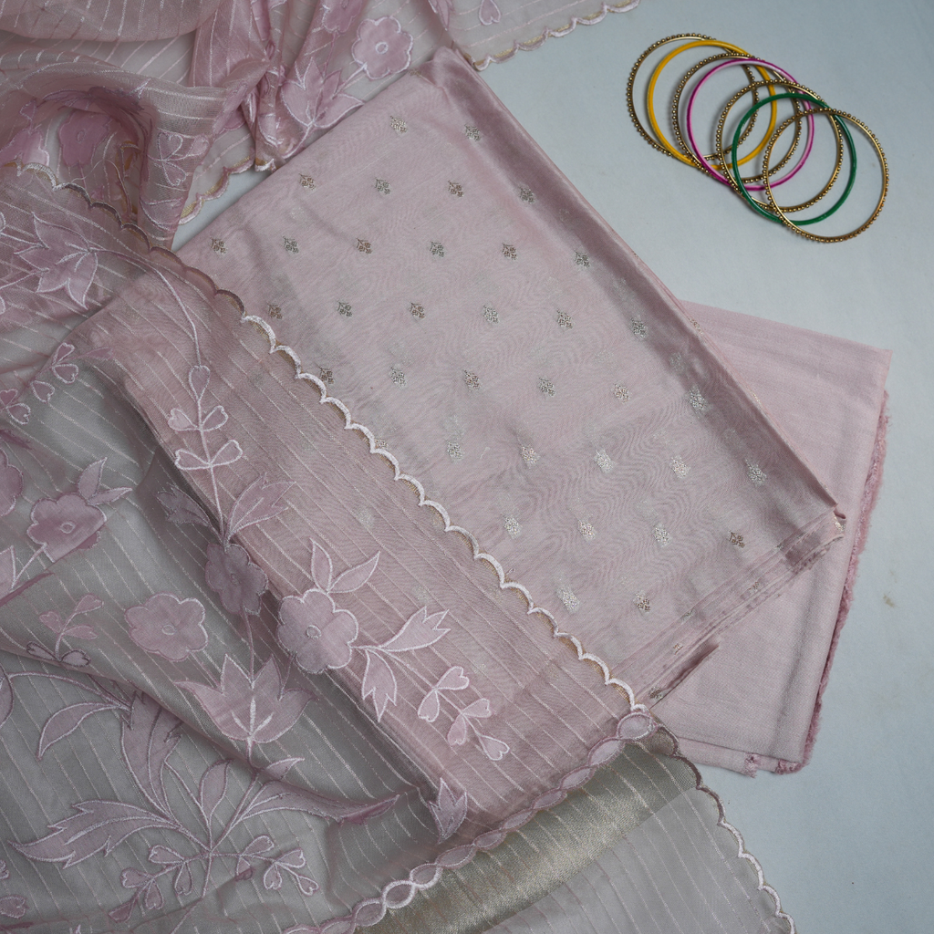Rajvani Premium Chanderi Silk 3-Piece Suit Set with Organza Dupatta & Appliqué Work – Pastel Blush Pink