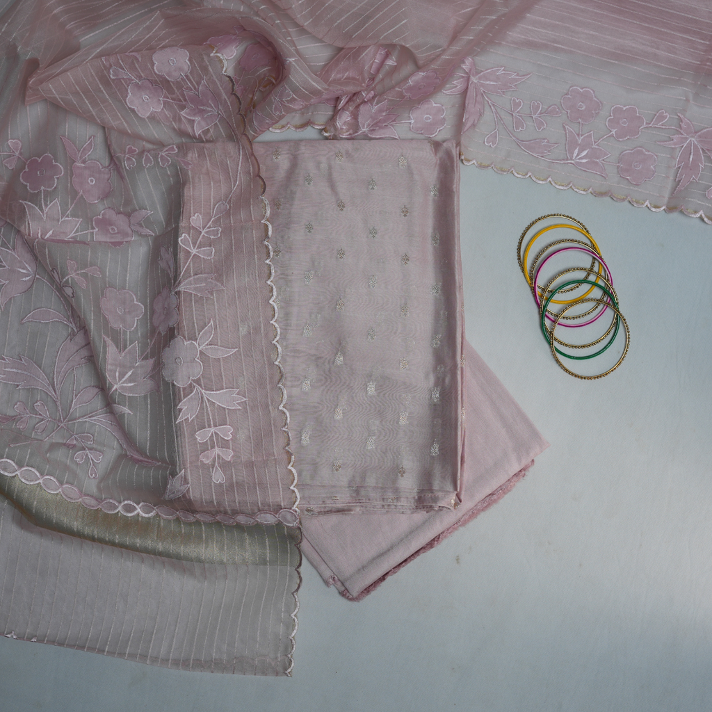 Rajvani Premium Chanderi Silk 3-Piece Suit Set with Organza Dupatta & Appliqué Work – Pastel Blush Pink
