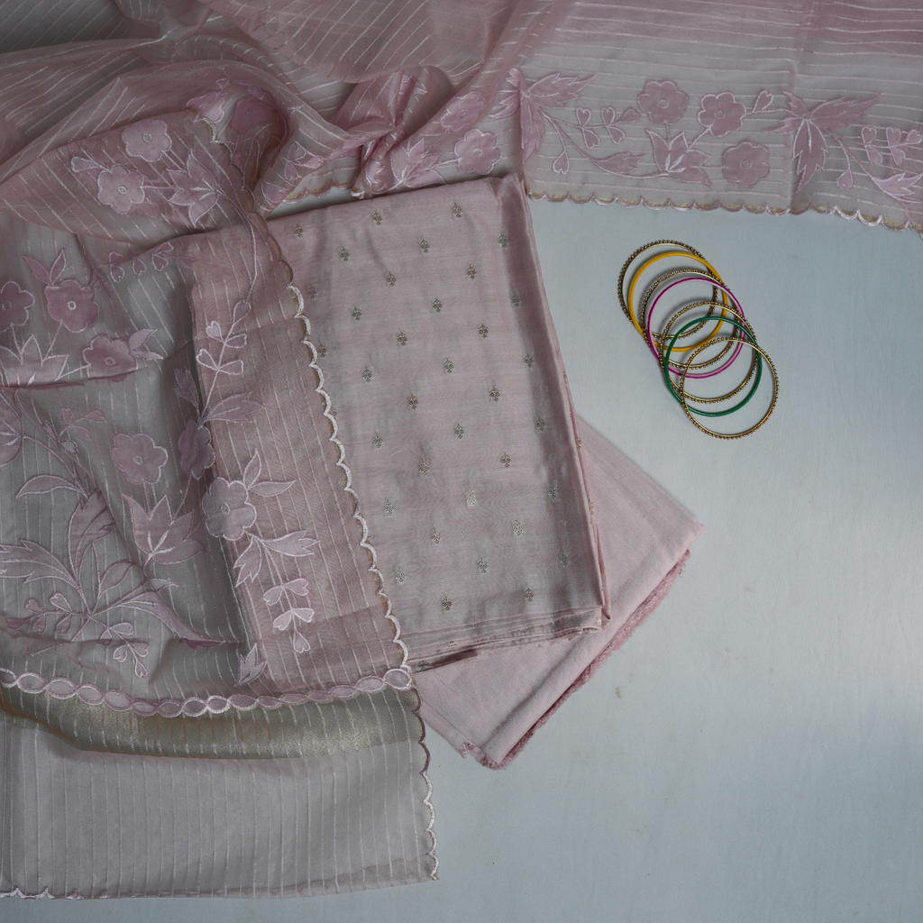 Rajvani Premium Chanderi Silk 3-Piece Suit Set with Organza Dupatta & Appliqué Work – Pastel Blush Pink