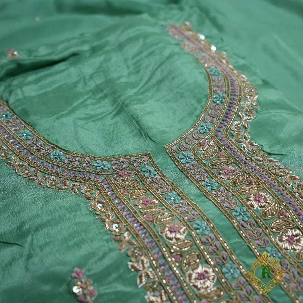 Rajvani Premium Chinon Embroidered 3-Piece Unstitched Suit Set with Chinon Dupatta – Sea Green