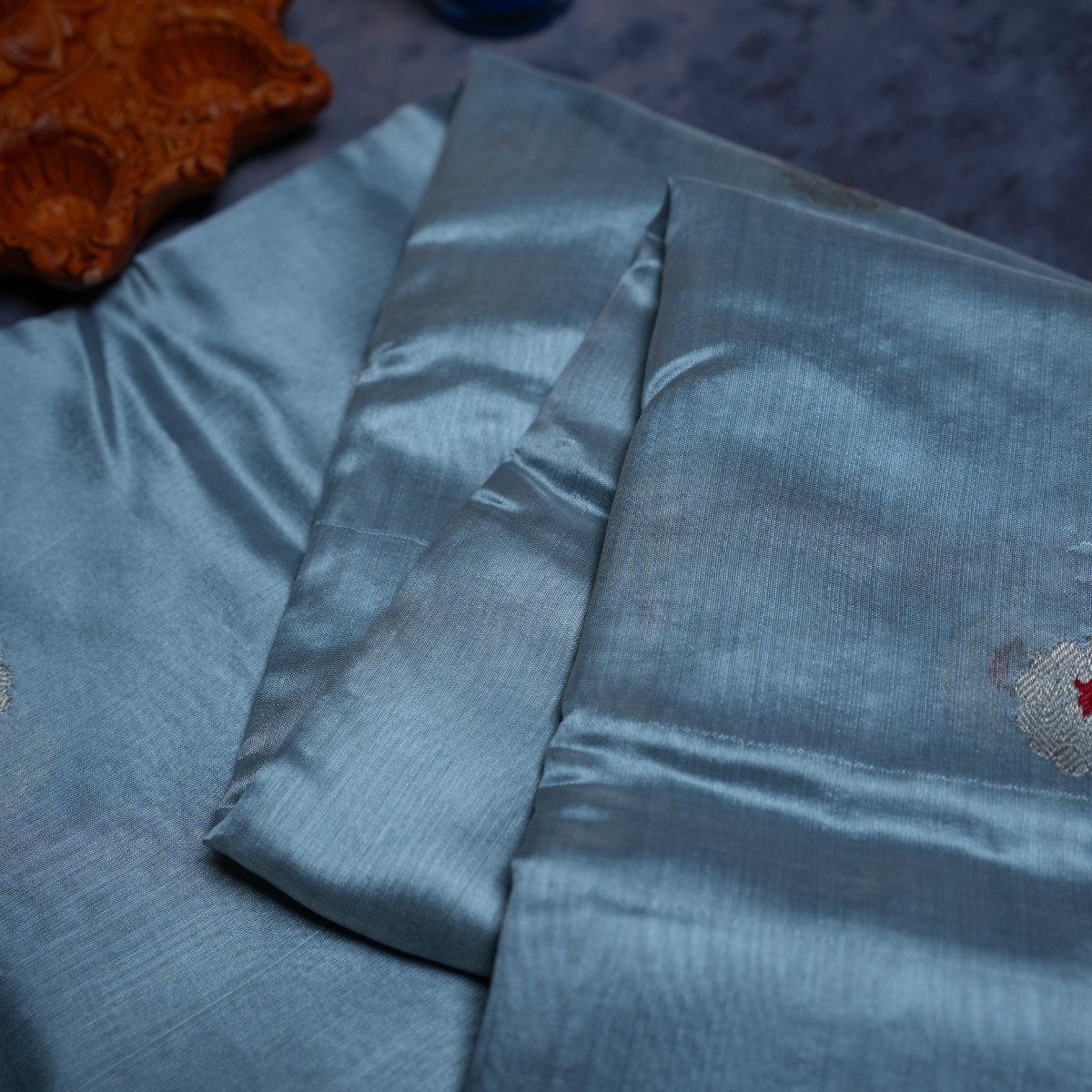 Rajvani Pure Chanderi Handloom Saree with Running Blouse | Handwoven Silver Zari Border | Steel Blue