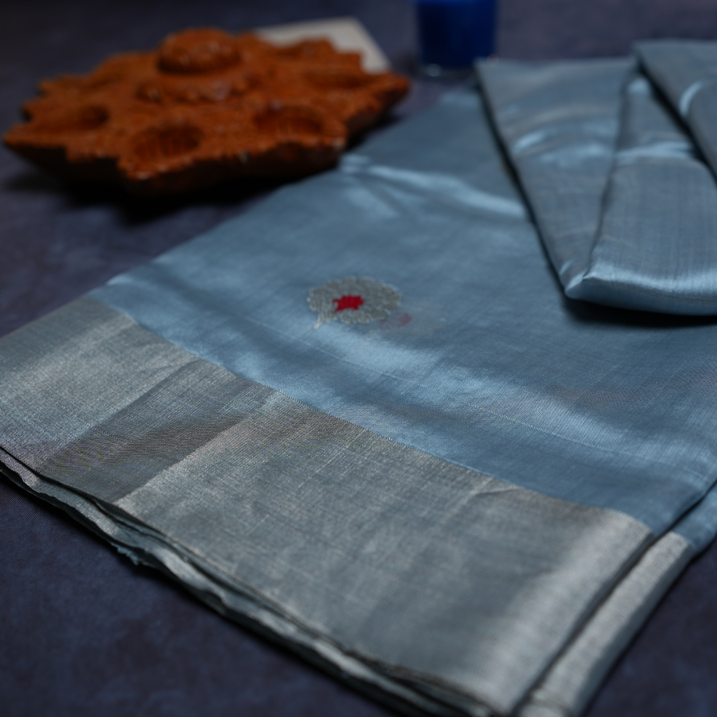 Rajvani Pure Chanderi Handloom Saree with Running Blouse | Handwoven Silver Zari Border | Steel Blue