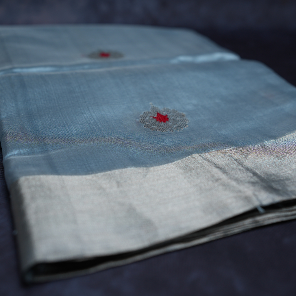 Rajvani Pure Chanderi Handloom Saree with Running Blouse | Handwoven Silver Zari Border | Steel Blue