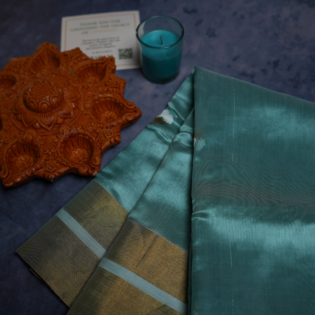 Rajvani Pure Chanderi Handloom Silk Saree with Running Blouse | Aqua Blue | Handwoven Zari Border
