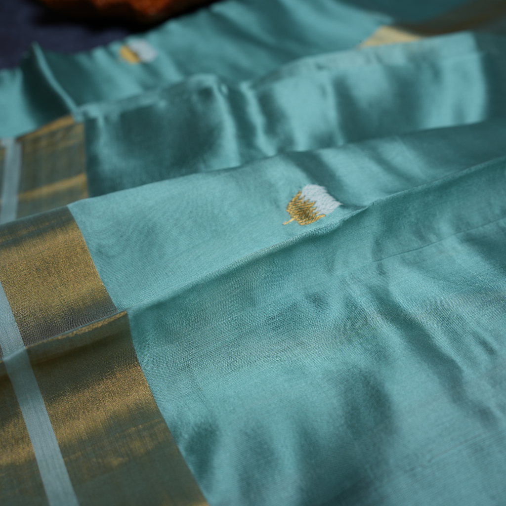 Rajvani Pure Chanderi Handloom Silk Saree with Running Blouse | Aqua Blue | Handwoven Zari Border