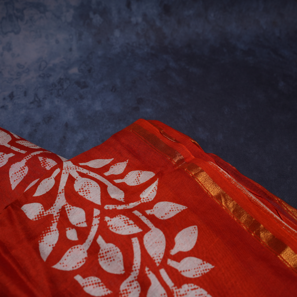 Rajvani Pure Chanderi Hand Block Print Saree with Running Blouse – Vermilion Red