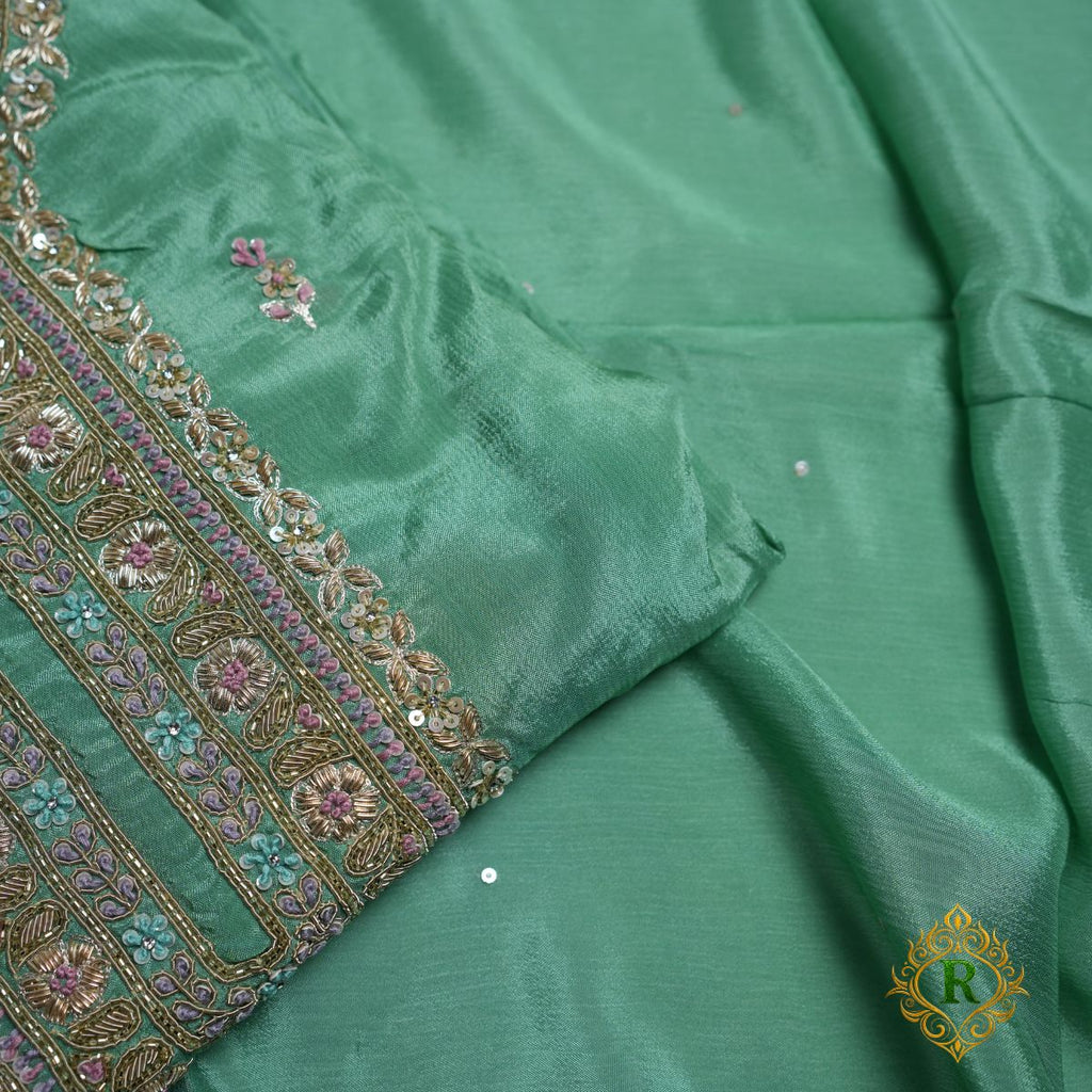 Rajvani Premium Chinon Embroidered 3-Piece Unstitched Suit Set with Chinon Dupatta – Sea Green