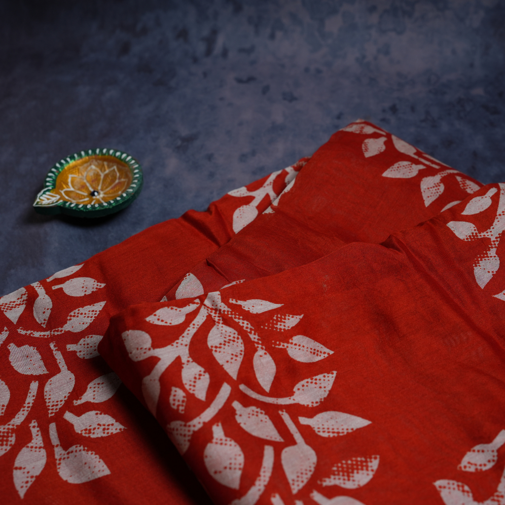 Rajvani Pure Chanderi Hand Block Print Saree with Running Blouse – Vermilion Red