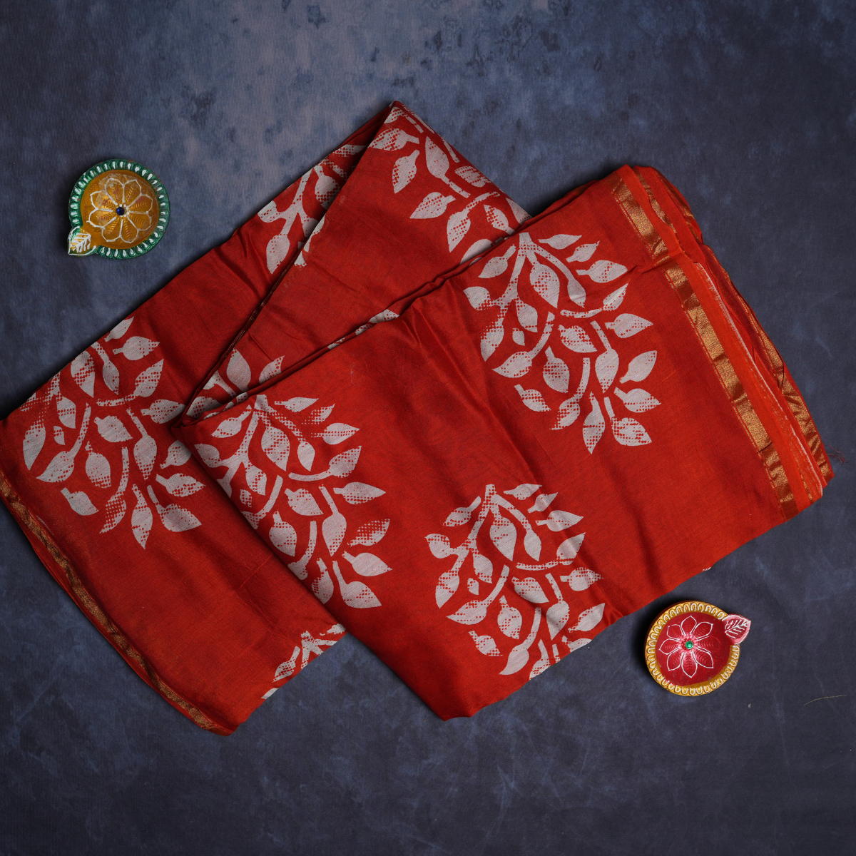 Rajvani Pure Chanderi Hand Block Print Saree with Running Blouse – Vermilion Red