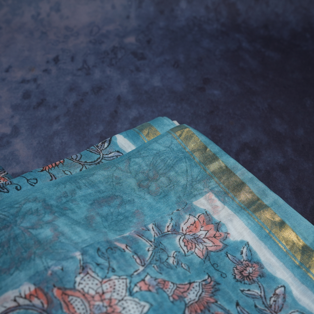 Rajvani Pure Chanderi Hand Block Print Saree with Running Blouse – Aqua Blue