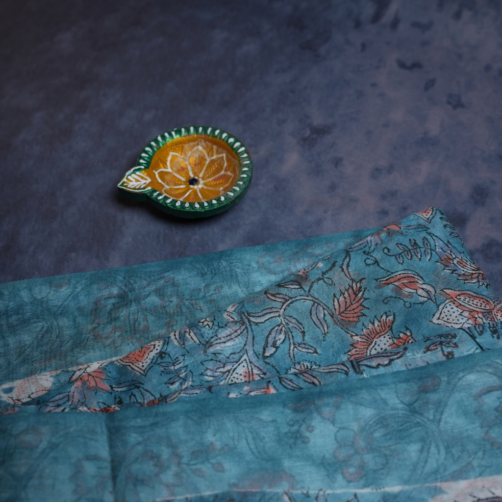Rajvani Pure Chanderi Hand Block Print Saree with Running Blouse – Aqua Blue