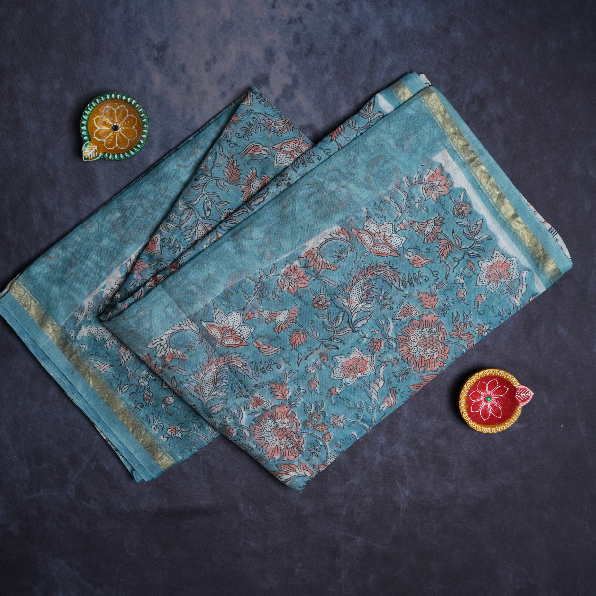 Rajvani Pure Chanderi Hand Block Print Saree with Running Blouse – Aqua Blue