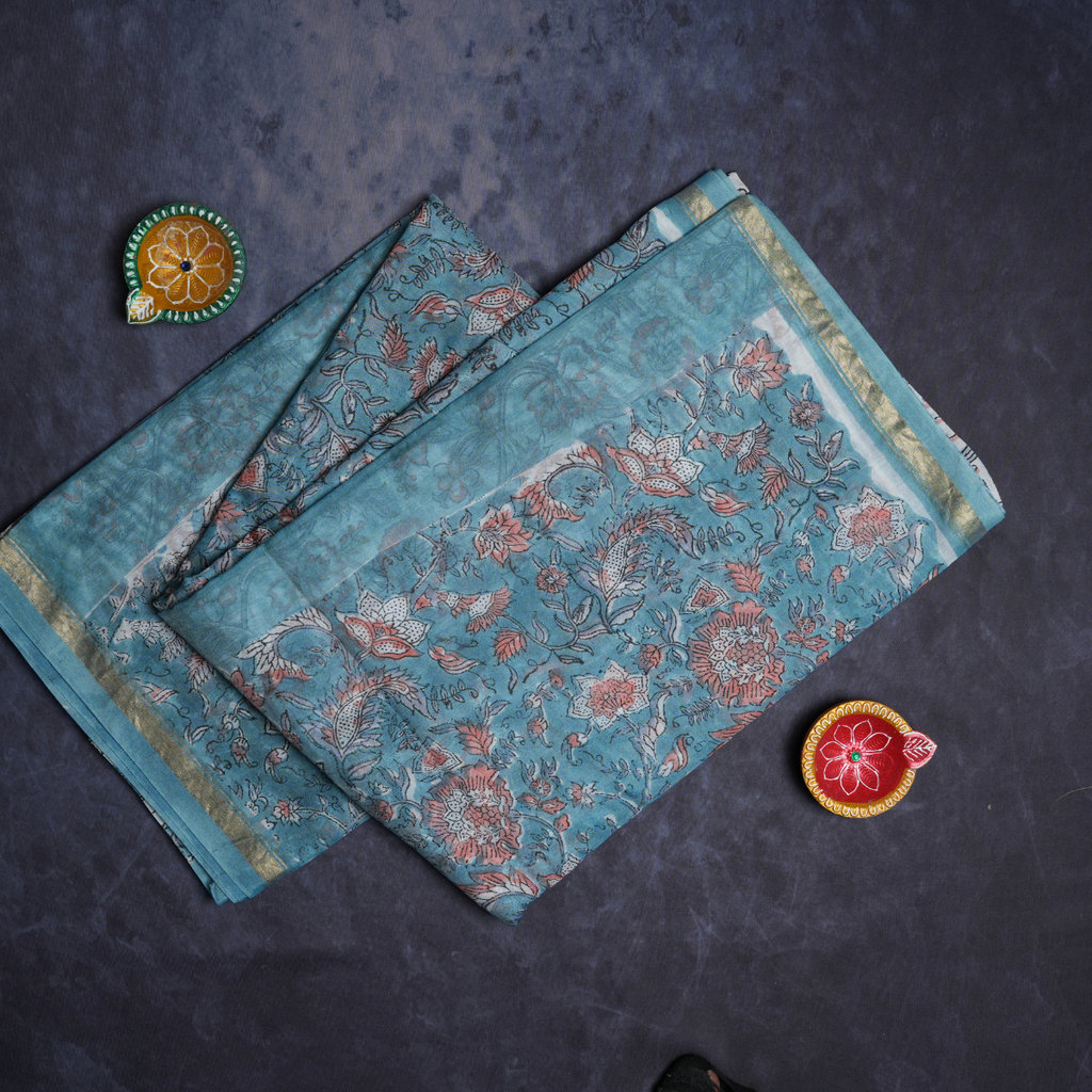 Rajvani Pure Chanderi Hand Block Print Saree with Running Blouse – Aqua Blue