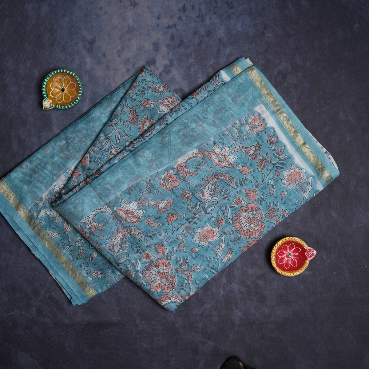 Rajvani Pure Chanderi Hand Block Print Saree with Running Blouse – Aqua Blue