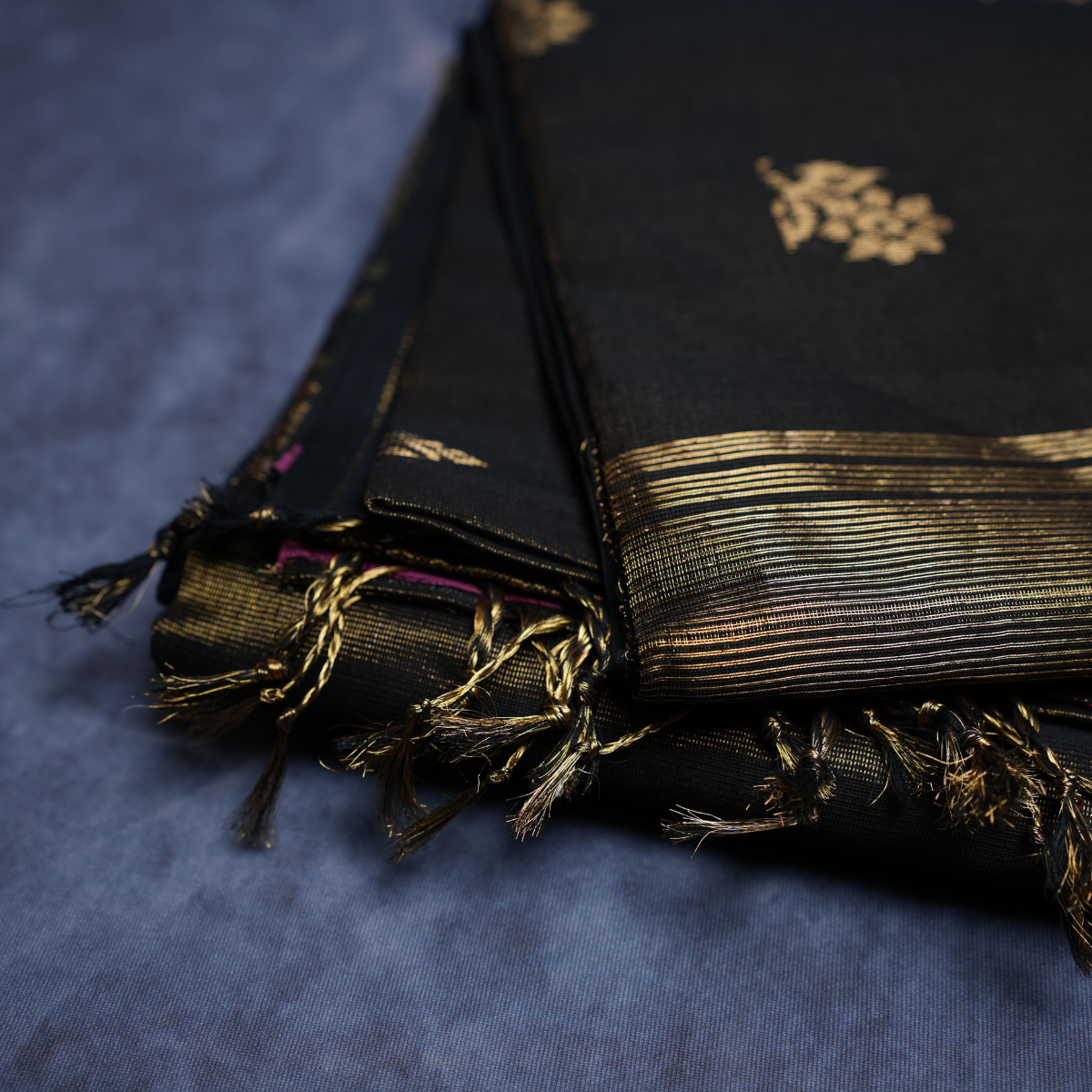 Rajvani Pure Handloom Tissue Maheshwari Saree with Running Blouse | Black & Antique Gold | Handwoven Elegance