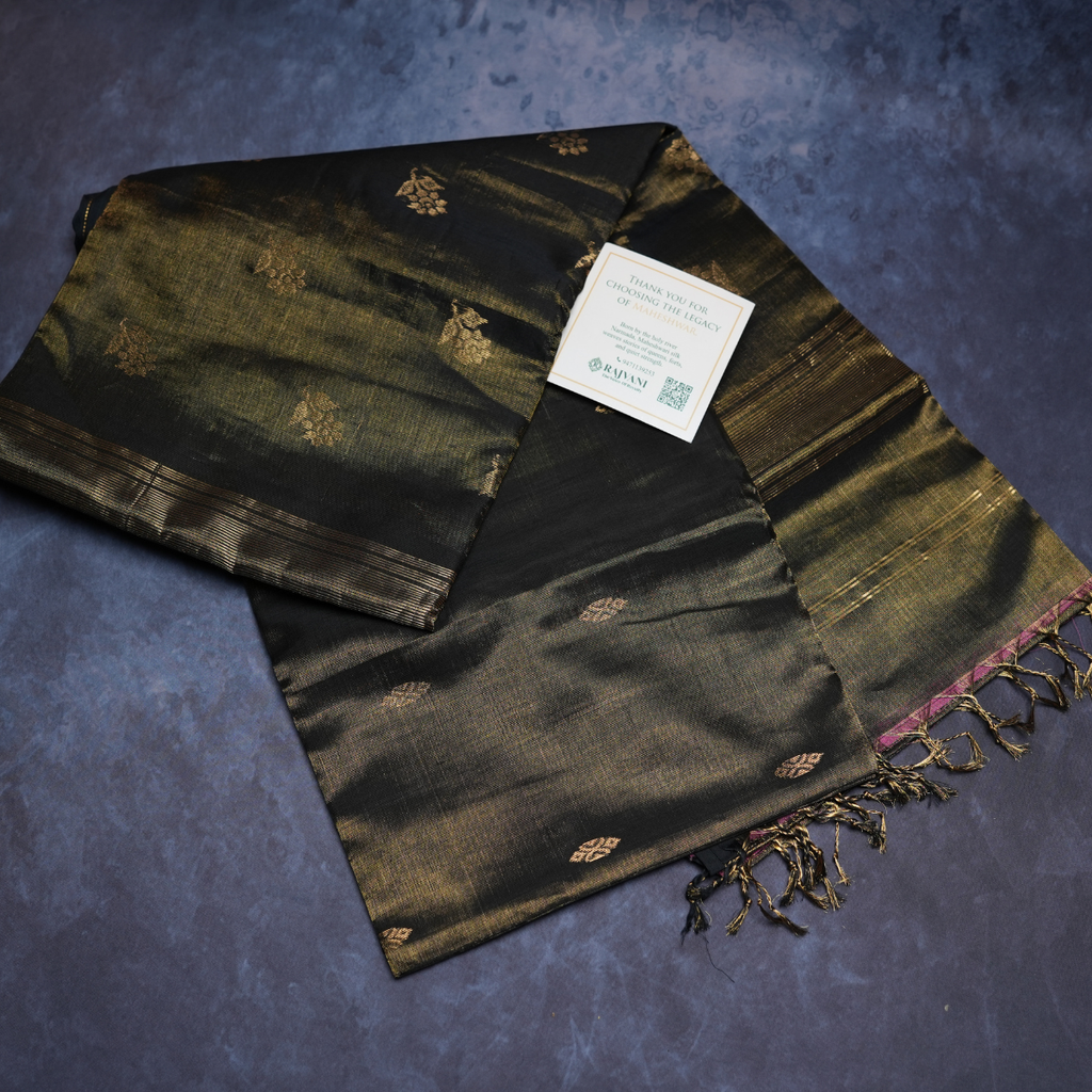 Rajvani Pure Handloom Tissue Maheshwari Saree with Running Blouse | Black & Antique Gold | Handwoven Elegance