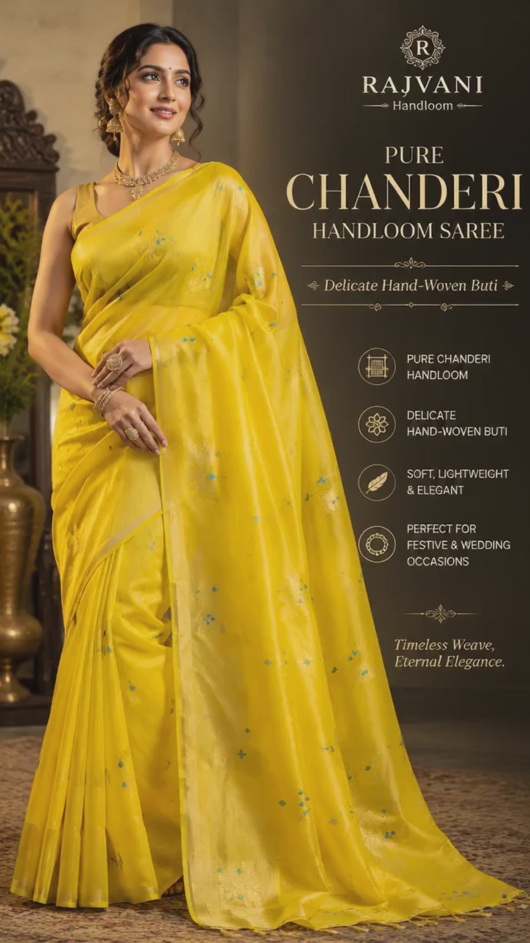 Pure Chanderi Handloom Saree with Delicate Hand-Woven Buti – Yellow